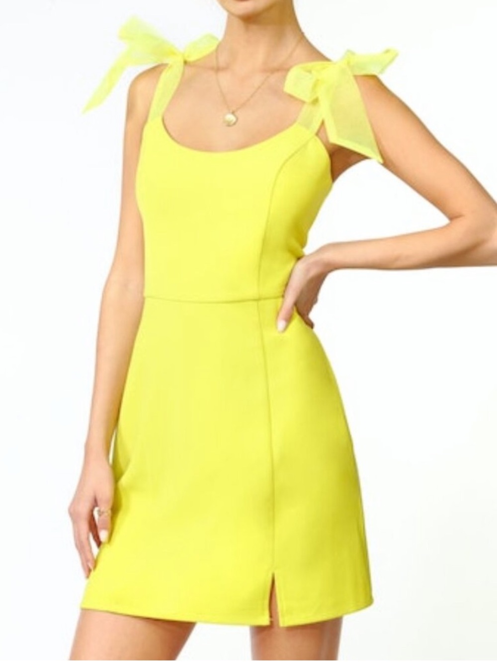 Adelyn Rae Gia Ribbon Shoulder Mini Dress Highlighter Yellow